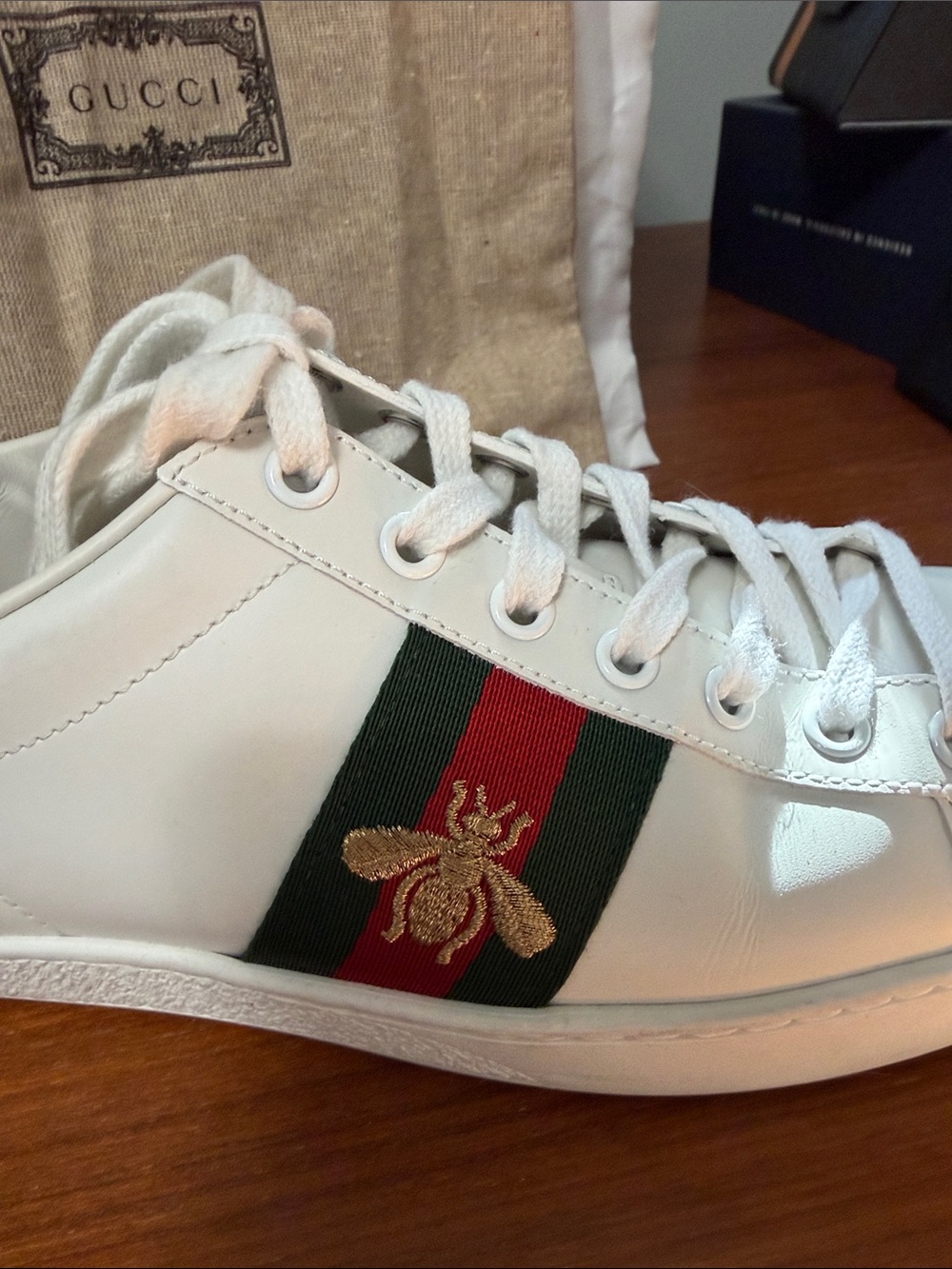 Gucci White Leather Sneakers with Green & Red Web and Gold Bee - Picture 3 of 7
